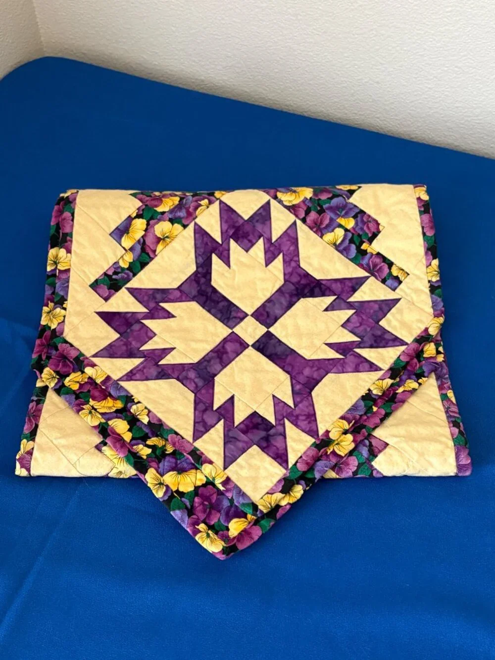Table Runner Quilted Bear Paw Claw Star Purple Yellow Pansy Floral Handmade